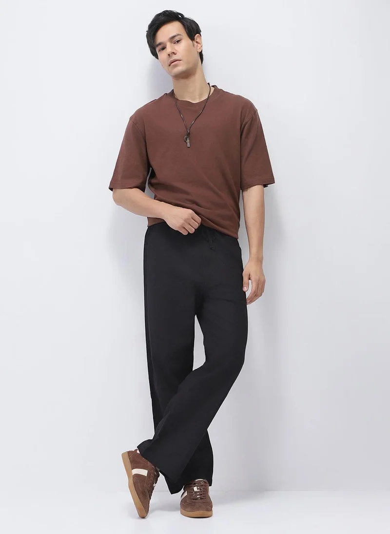 Urbano Fashion  Urbano Fashion Men's Black Loose Fit Solid Linen Blend Trousers Non-Stretchable for Men | Best Price UAE